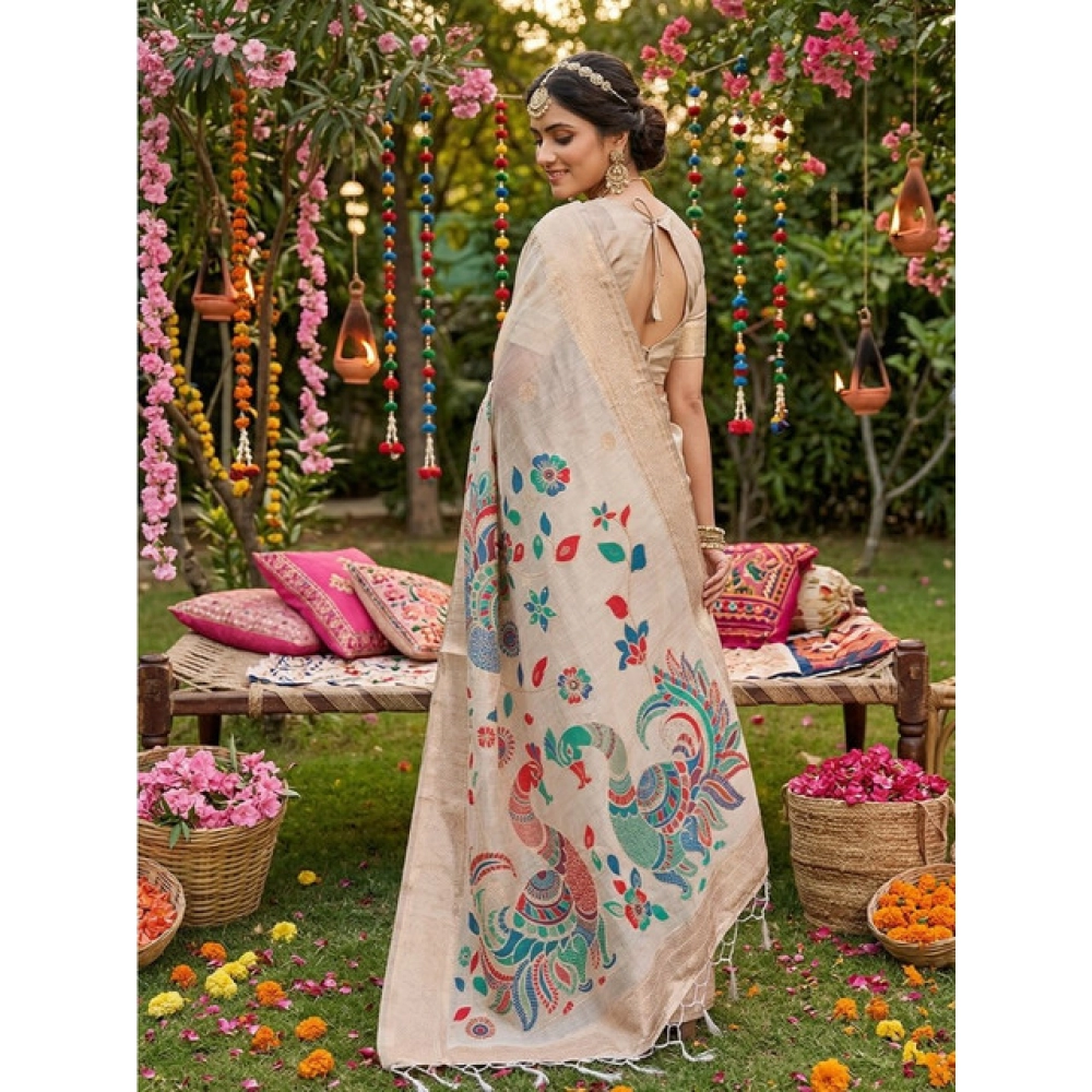 Women's Linen Cotton Floral Embroidered Saree With Unstitched Blouse 5.5Mtr (Cream) - Image 3