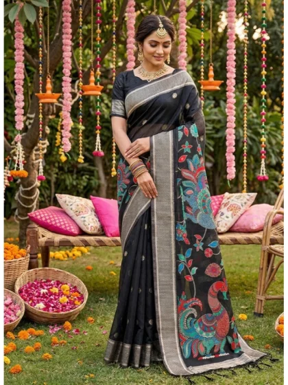Women's Linen Cotton Floral Embroidered Saree With Unstitched Blouse 5.5Mtr (Black)