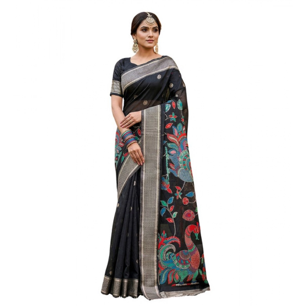 Women's Linen Cotton Floral Embroidered Saree With Unstitched Blouse 5.5Mtr (Black) - Image 2