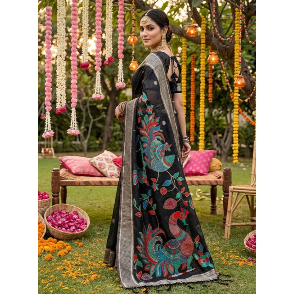 Women's Linen Cotton Floral Embroidered Saree With Unstitched Blouse 5.5Mtr (Black) - Image 3