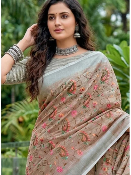 Women's Linen Floral Embroidered Saree With Unstitched Blouse 5.5Mtr (Brown)