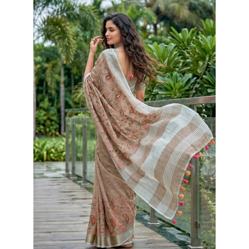 Women's Linen Floral Embroidered Saree With Unstitched Blouse 5.5Mtr (Brown) - Image 3