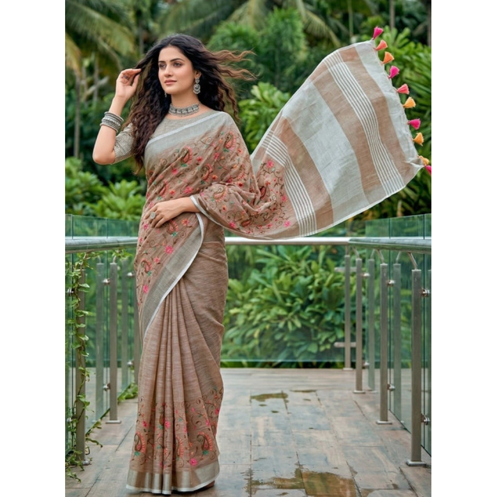 Women's Linen Floral Embroidered Saree With Unstitched Blouse 5.5Mtr (Brown) - Image 4
