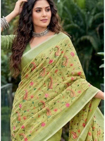 Women's Linen Floral Embroidered Saree With Unstitched Blouse 5.5Mtr (Light Green)