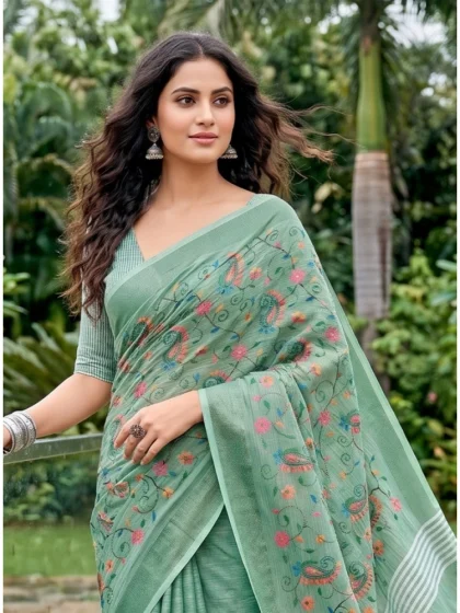 Women's Linen Floral Embroidered Saree With Unstitched Blouse 5.5Mtr (Sea Green)