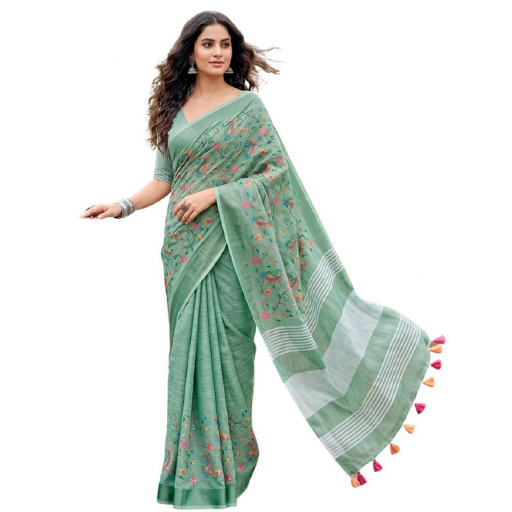 Women's Linen Floral Embroidered Saree With Unstitched Blouse 5.5Mtr (Sea Green) - Image 2