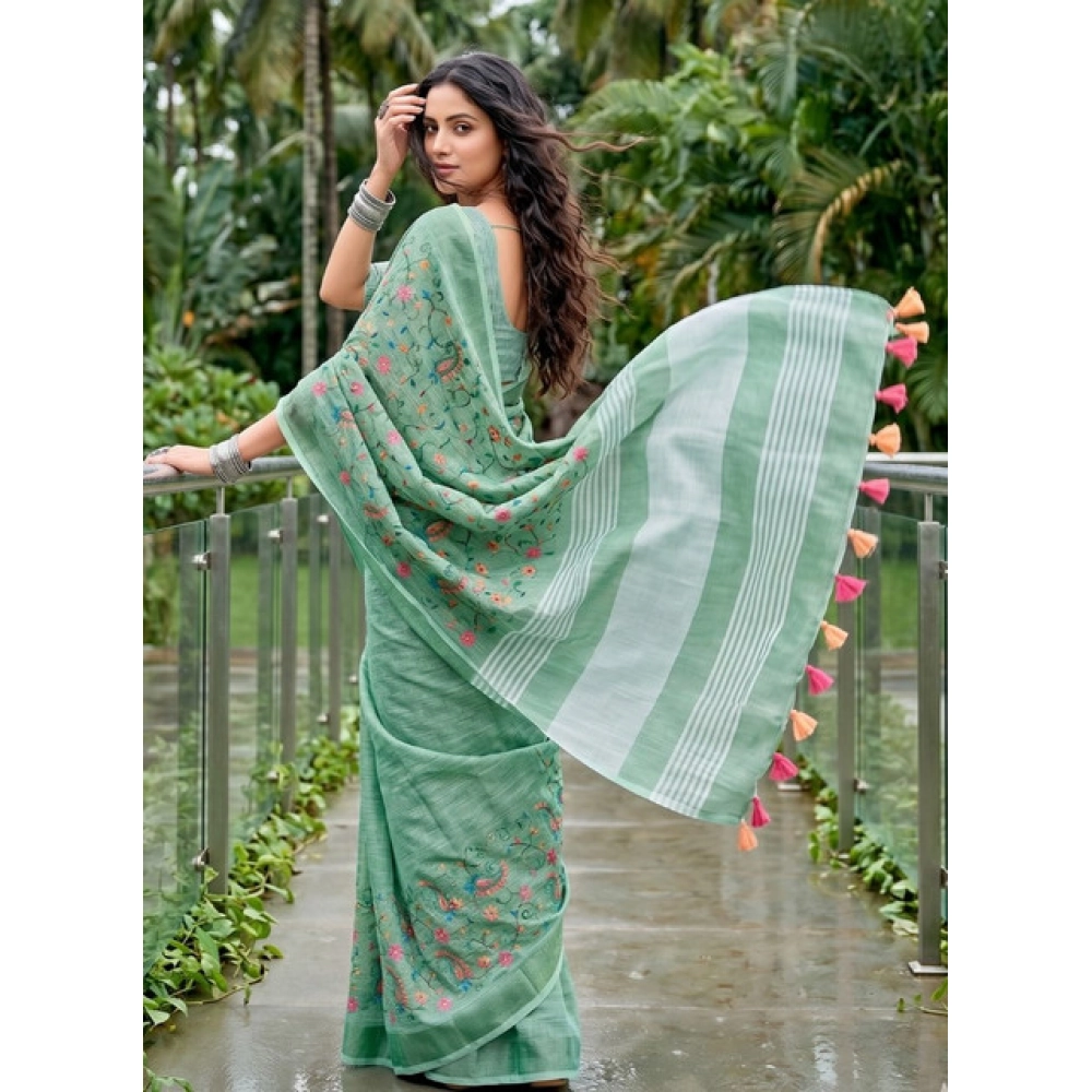 Women's Linen Floral Embroidered Saree With Unstitched Blouse 5.5Mtr (Sea Green) - Image 3