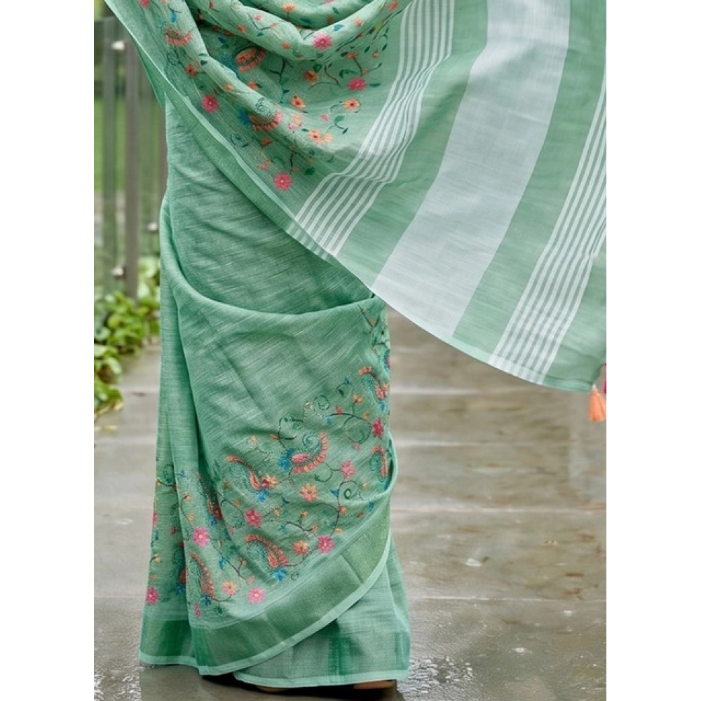 Women's Linen Floral Embroidered Saree With Unstitched Blouse 5.5Mtr (Sea Green) - Image 4