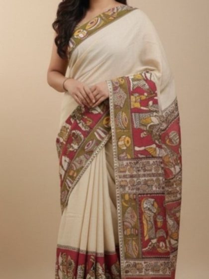 Women's Linen Kalamkari Printed Saree With Unstitched Blouse - 5.5 Mtr (Beige)