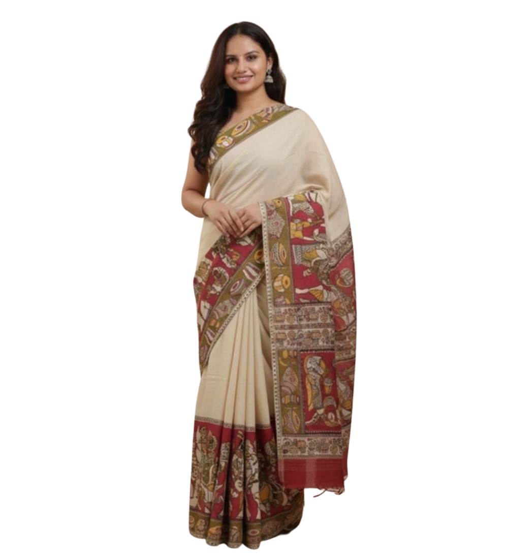Women's Linen Kalamkari Printed Saree With Unstitched Blouse - 5.5 Mtr (Beige) - Image 2