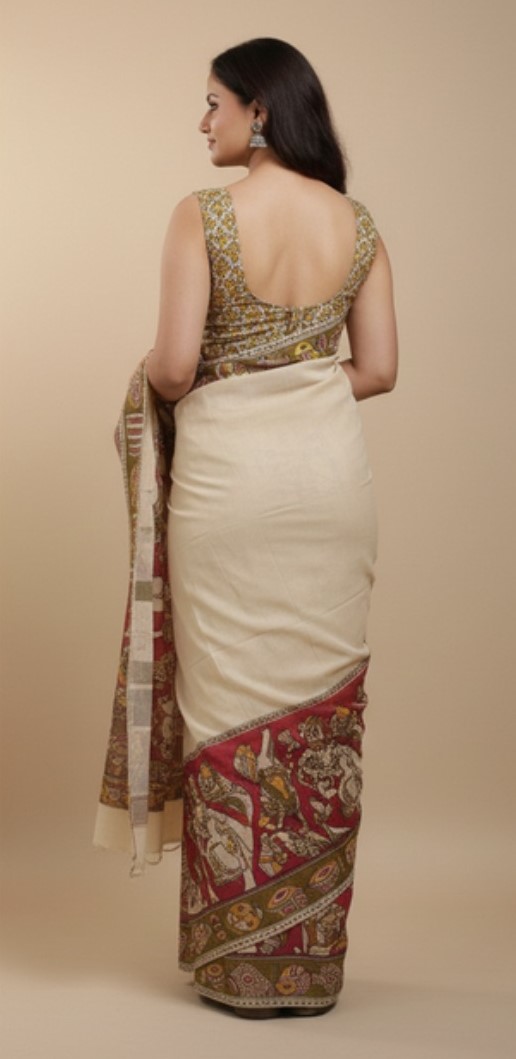 Women's Linen Kalamkari Printed Saree With Unstitched Blouse - 5.5 Mtr (Beige) - Image 3