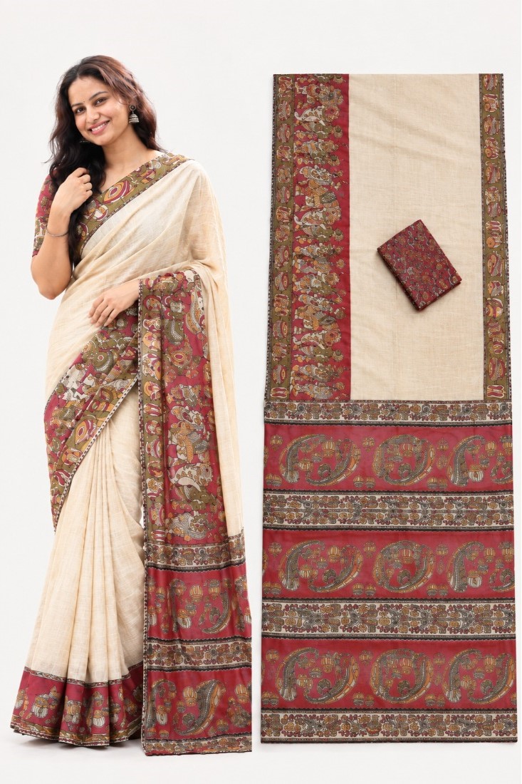Women's Linen Kalamkari Printed Saree With Unstitched Blouse - 5.5 Mtr (Beige) - Image 4