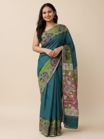 Women's Linen Kalamkari Printed Saree With Unstitched Blouse - 5.5 Mtr (Teal)
