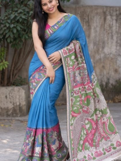 Women's Linen Kalamkari Printed Saree With Unstitched Blouse - 5.5 Mtr (Blue)