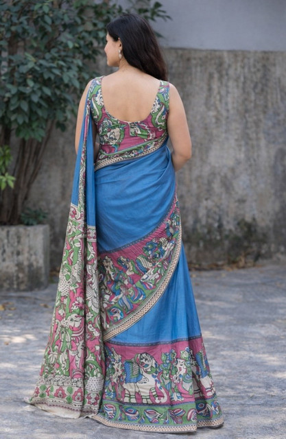 Women's Linen Kalamkari Printed Saree With Unstitched Blouse - 5.5 Mtr (Blue) - Image 3