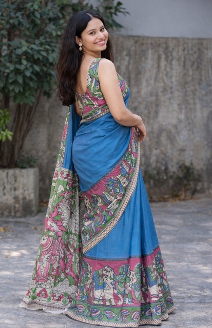Women's Linen Kalamkari Printed Saree With Unstitched Blouse - 5.5 Mtr (Blue) - Image 4