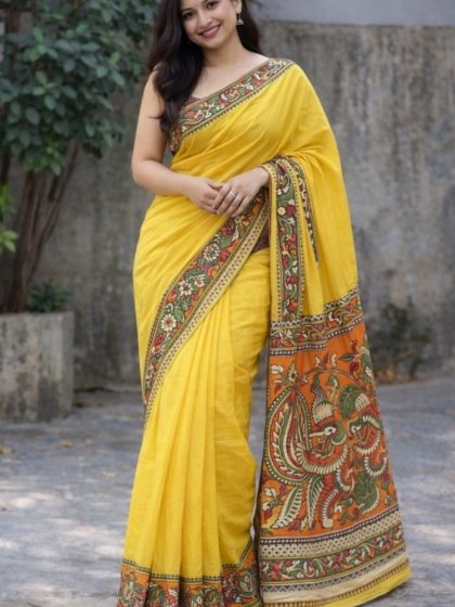 Women's Linen Kalamkari Printed Saree With Unstitched Blouse - 5.5 Mtr (Yellow)