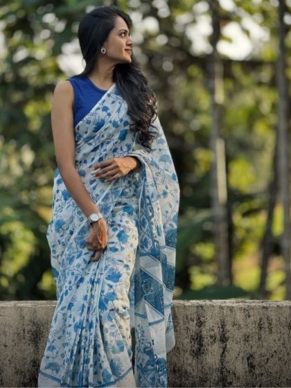 Women's Linen Floral Printeded Saree With Unstitched Blouse - 5.5 Mtr (White-Blue)