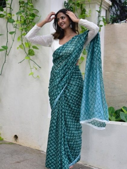 Women's Linen Floral Printed Saree With Unstitched Blouse - 5.5 Mtr (Teal Green)