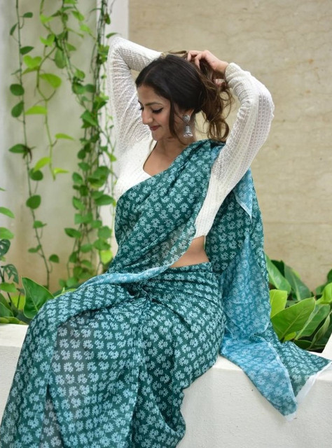 Women's Linen Floral Printed Saree With Unstitched Blouse - 5.5 Mtr (Teal Green) - Image 3