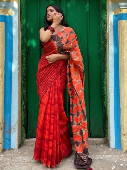 Women's Linen Floral Printed Saree With Unstitched Blouse - 5.5 Mtr (Red-Orange)