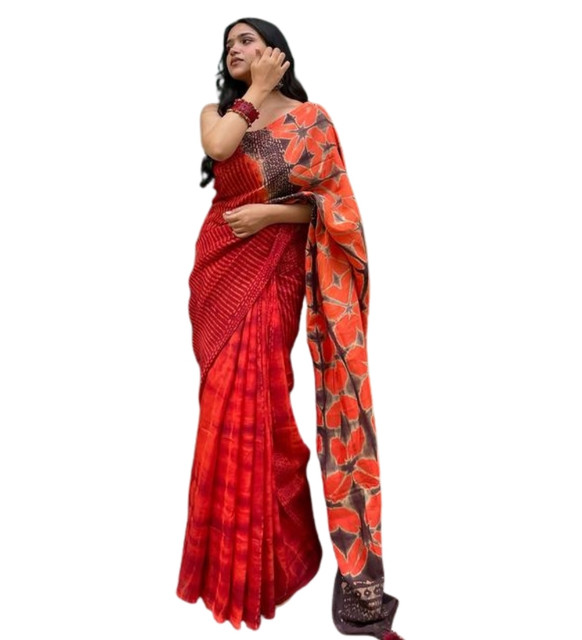 Women's Linen Floral Printed Saree With Unstitched Blouse - 5.5 Mtr (Red-Orange) - Image 2
