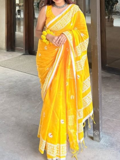 Women's Linen Floral Printed Saree With Unstitched Blouse - 5.5 Mtr (Yellow)