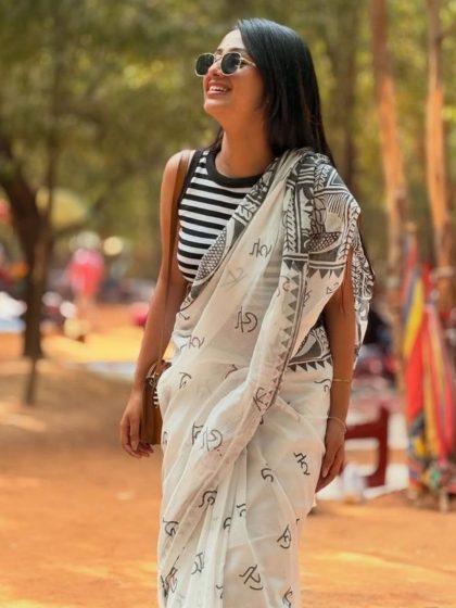 Women's Linen Kalamkari Printed Saree With Unstitched Blouse - 5.5 Mtr (White-Black)