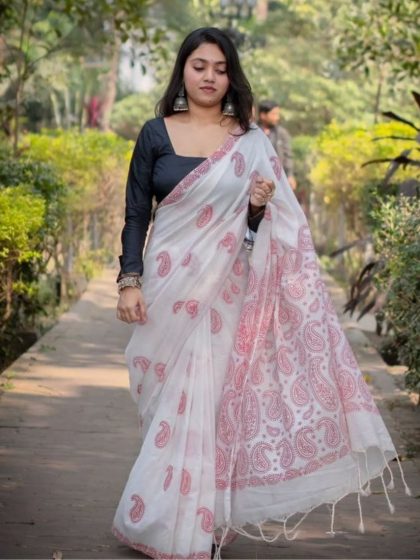 Women's Linen Paisley Printed Saree With Unstitched Blouse - 5.5 Mtr (White-Red)
