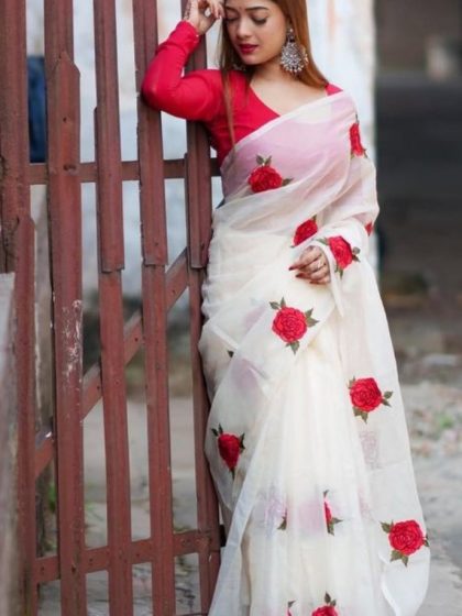 Women's Linen Floral Printed Saree With Unstitched Blouse - 5.5 Mtr (White-Red)