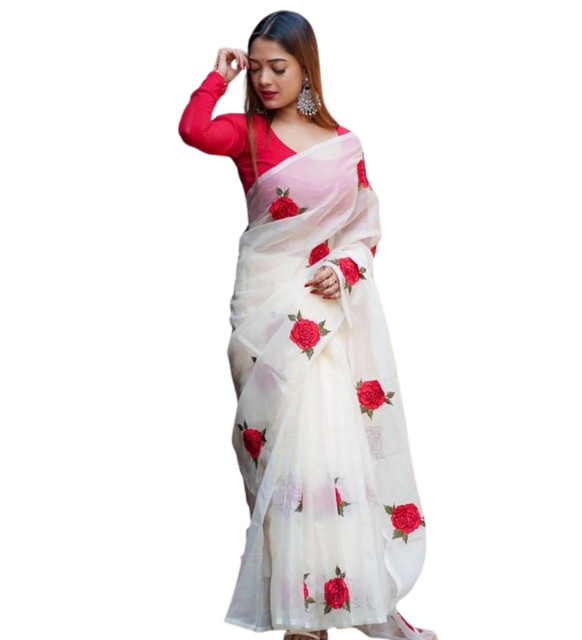 Women's Linen Floral Printed Saree With Unstitched Blouse - 5.5 Mtr (White-Red) - Image 2