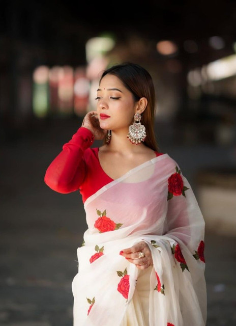 Women's Linen Floral Printed Saree With Unstitched Blouse - 5.5 Mtr (White-Red) - Image 5
