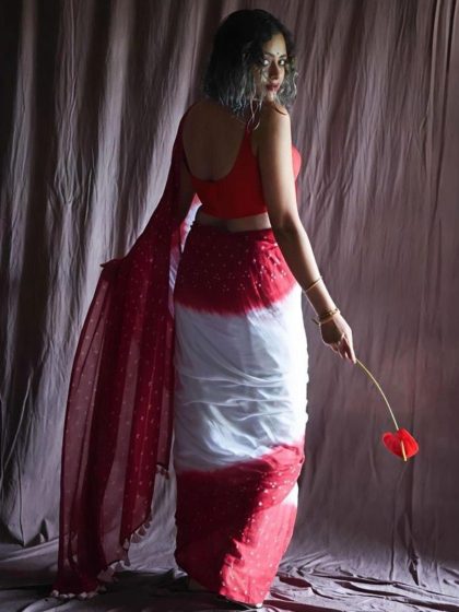 Women's Linen Printed Saree With Unstitched Blouse - 5.5 Mtr (White-Red)