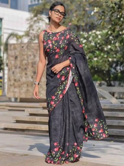 Women's Linen Floral Printed Saree With Unstitched Blouse - 5.5 Mtr (Black)
