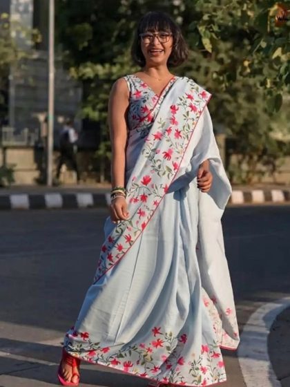 Women's Linen Floral Printed Saree With Unstitched Blouse - 5.5 Mtr (Grey)