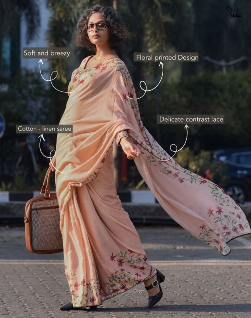 Women's Linen Floral Printed Saree With Unstitched Blouse - 5.5 Mtr (Peach) - Image 3