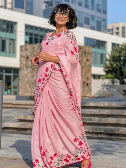 Women's Linen Floral Printed Saree With Unstitched Blouse - 5.5 Mtr (Pink)