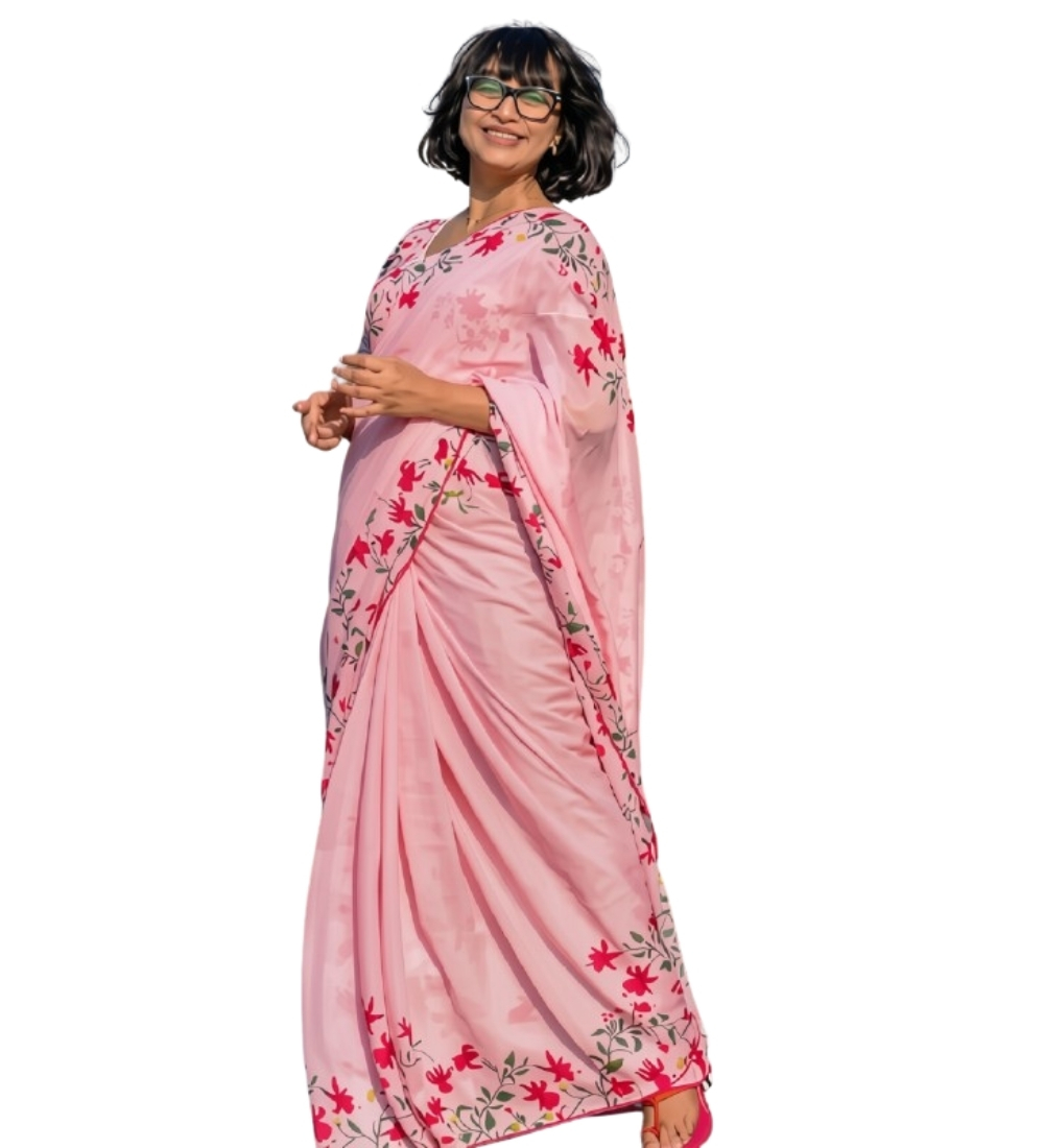 Women's Linen Floral Printed Saree With Unstitched Blouse - 5.5 Mtr (Pink) - Image 2