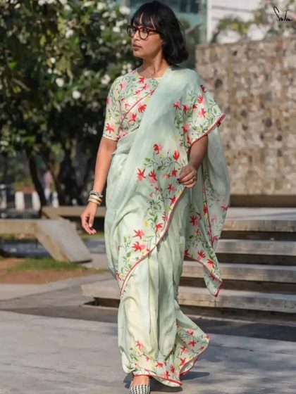 Women's Linen Floral Printed Saree With Unstitched Blouse - 5.5 Mtr (Light Green)