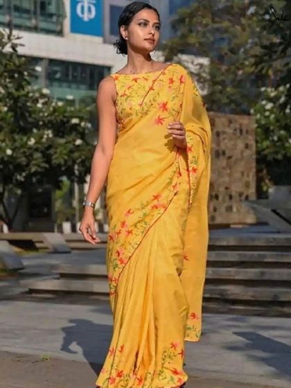 Women's Linen Floral Printed Saree With Unstitched Blouse - 5.5 Mtr (Yellow)