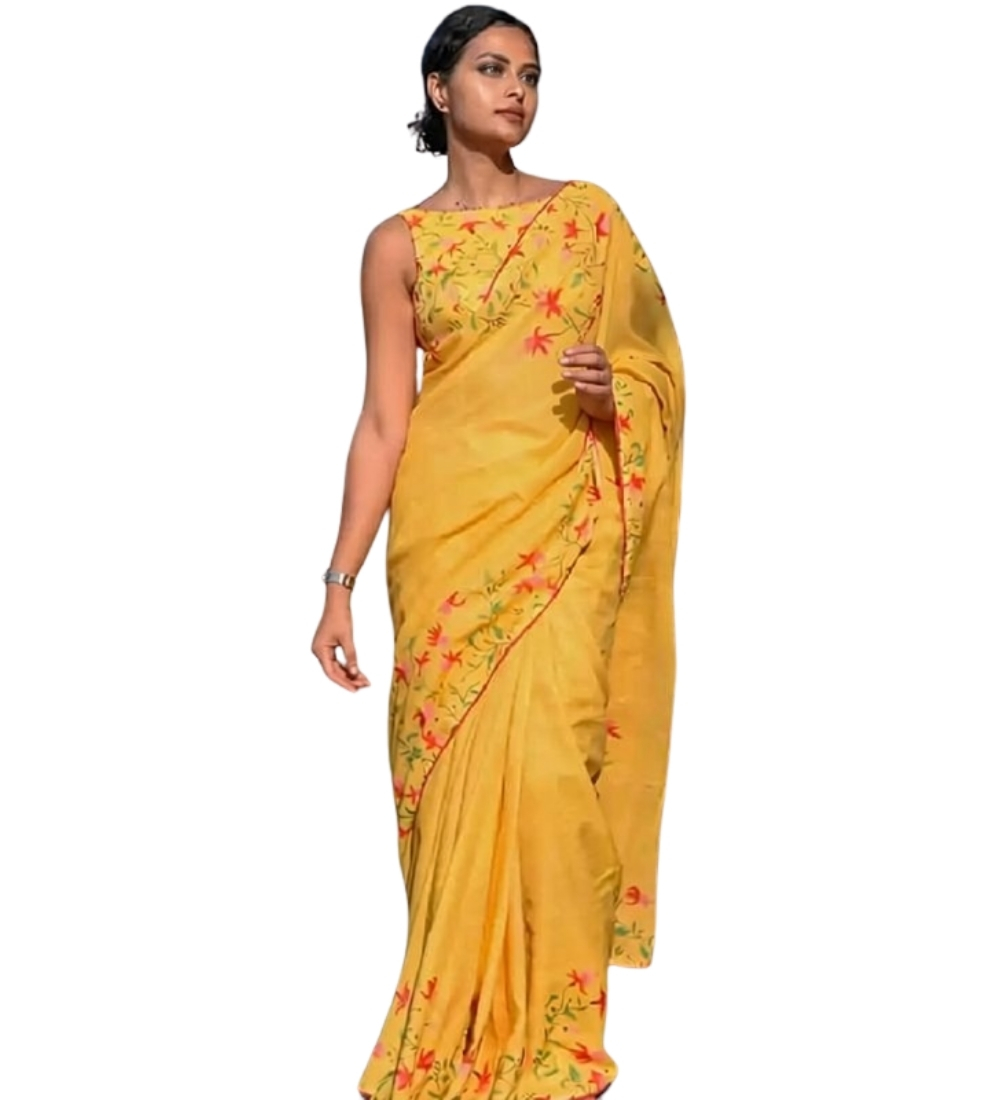 Women's Linen Floral Printed Saree With Unstitched Blouse - 5.5 Mtr (Yellow) - Image 2