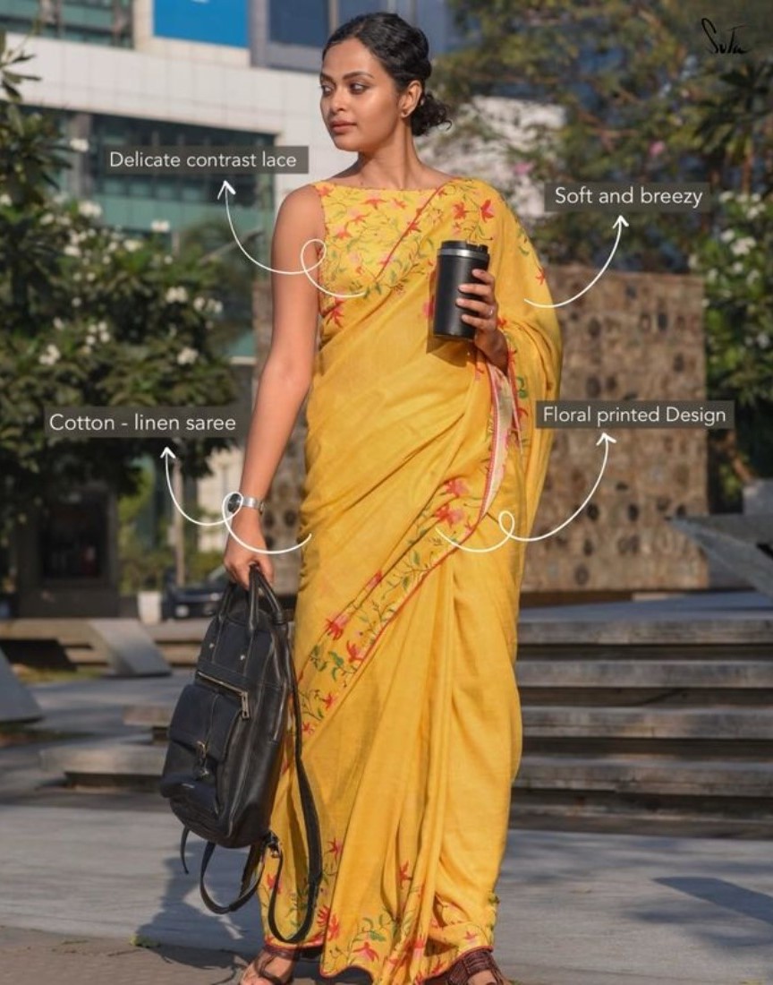 Women's Linen Floral Printed Saree With Unstitched Blouse - 5.5 Mtr (Yellow) - Image 3