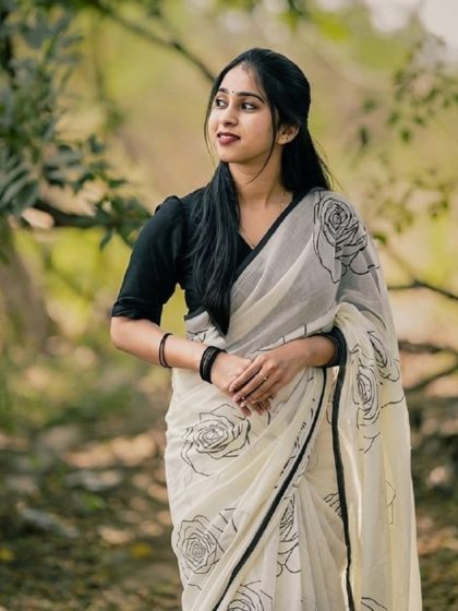 Women's Linen Floral Printed Saree With Unstitched Blouse - 5.5 Mtr (White-Black)