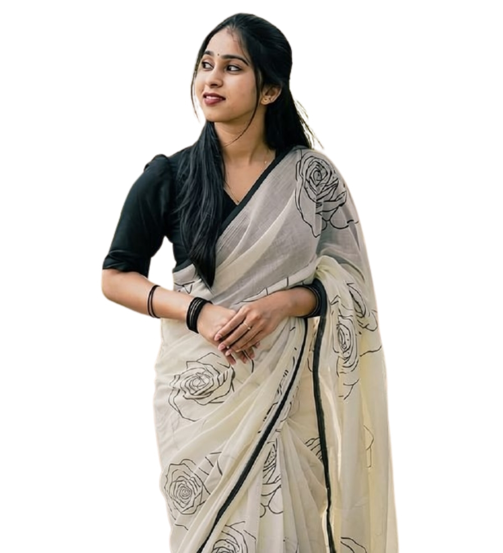 Women's Linen Floral Printed Saree With Unstitched Blouse - 5.5 Mtr (White-Black) - Image 2