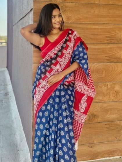 Women's Linen Printed Saree With Unstitched Blouse - 5.5 Mtr (Blue-Red)