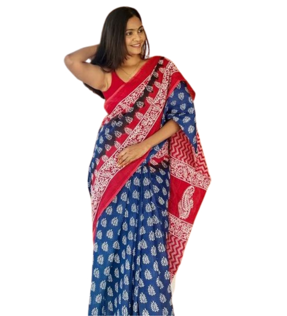 Women's Linen Printed Saree With Unstitched Blouse - 5.5 Mtr (Blue-Red) - Image 2