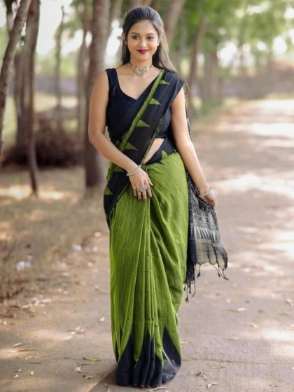 Women's Linen Kalamkari Printed Saree With Unstitched Blouse - 5.5 Mtr (Olive Green-Black)