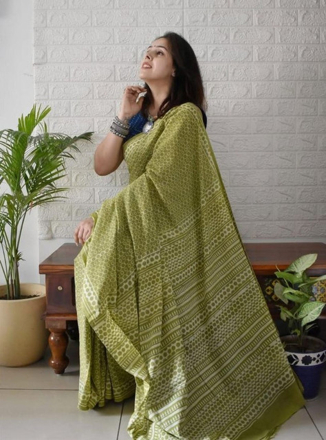Women's Linen Printed Saree With Unstitched Blouse - 5.5 Mtr (Green) - Image 3