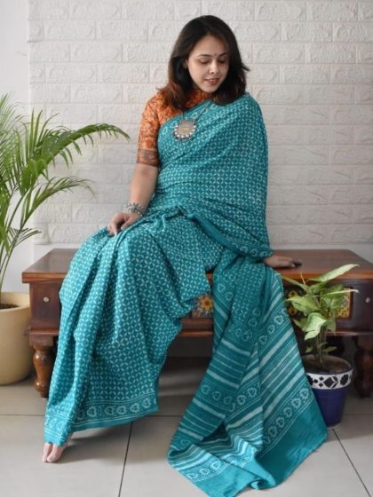 Women's Linen Printed Saree With Unstitched Blouse - 5.5 Mtr (Teal)