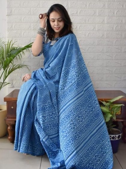Women's Linen Printed Saree With Unstitched Blouse - 5.5 Mtr (Royal blue)